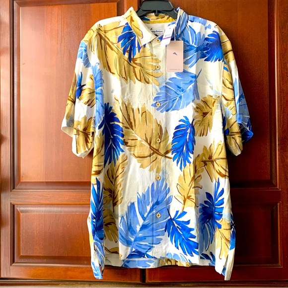 Tommy Bahama 100% Silk Men’s XXL (2X) Blue and Tan Tropical Leaf Shirt